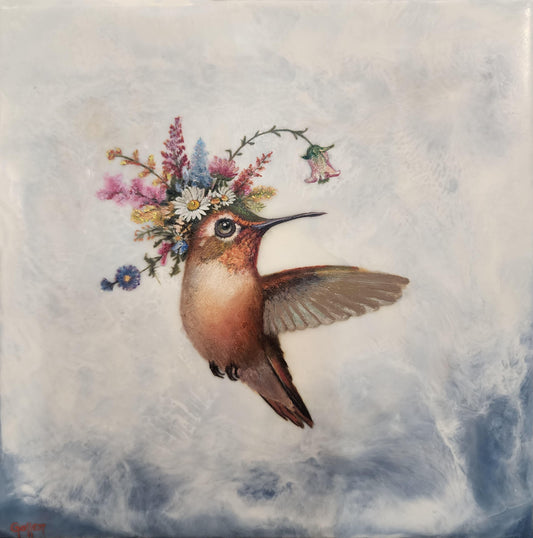 CARRIE GOLLER - Shirley, Floriferous collection (hummingbird) 8 x 8 Mixed Media – Oil/Encaustic