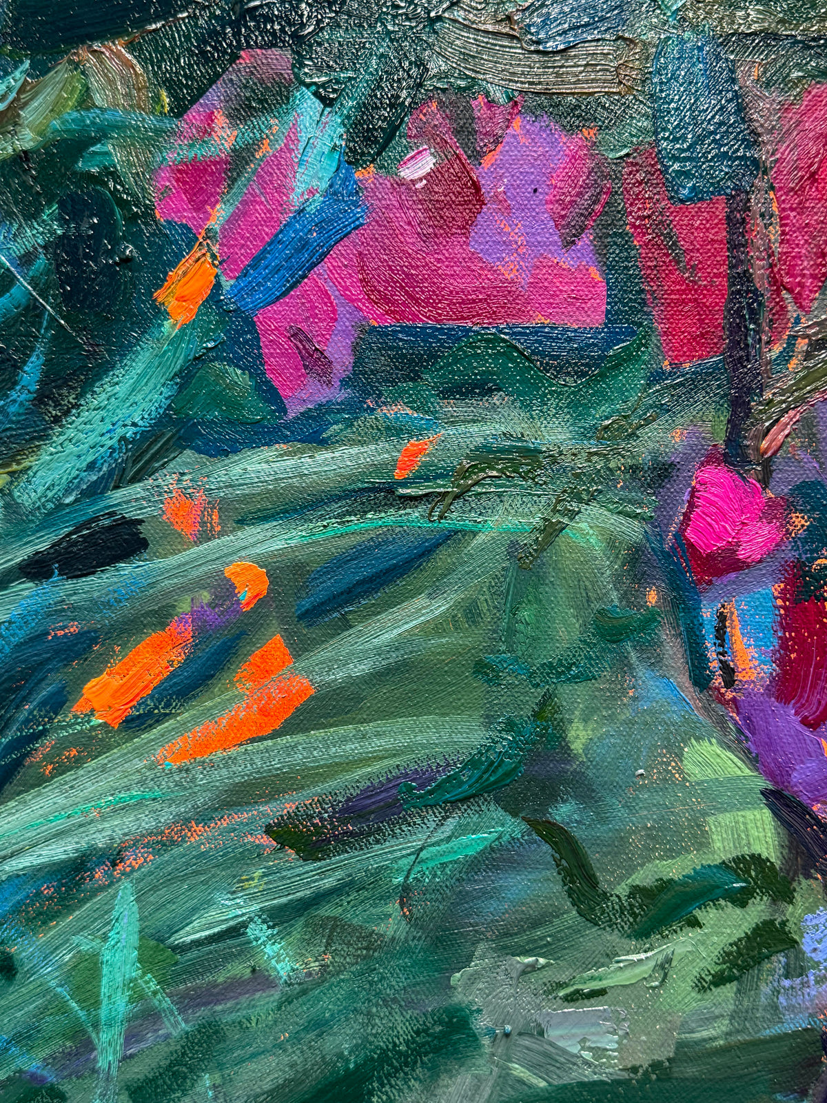 *** SOLD *** BRIAN MAHIEU - Torch Lilies and Bougainvillea—Nightfall, Plein Air  Oil on Canvas, 40” X 30”